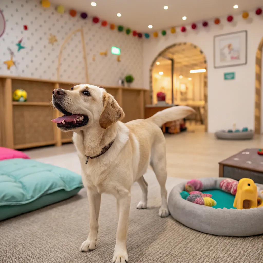 Happy dog in a pet hotel